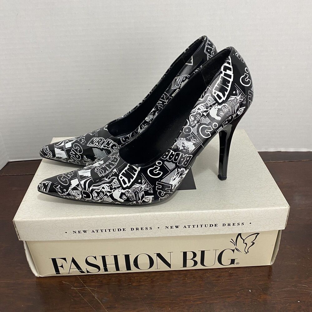Fashion Bug Womens 'Crash' Graphic Stiletto High Heels Sz 7 Black/White